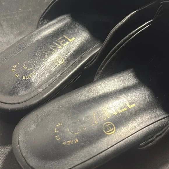 CHANEL Black Leather Mules with Gold Logo - Picture 3 of 13